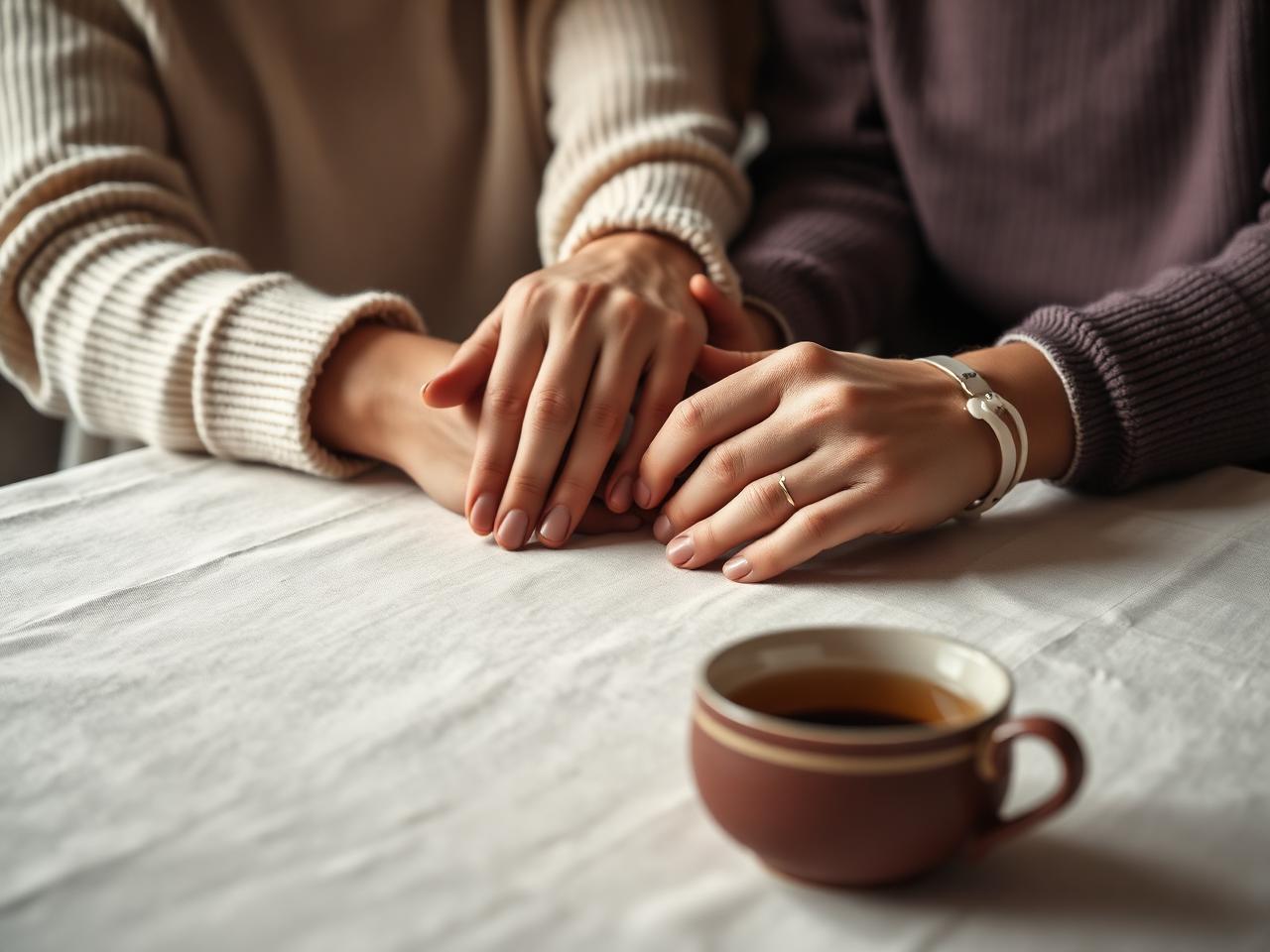 Two people’s hands gently clasped on a linen table beside a cup of tea