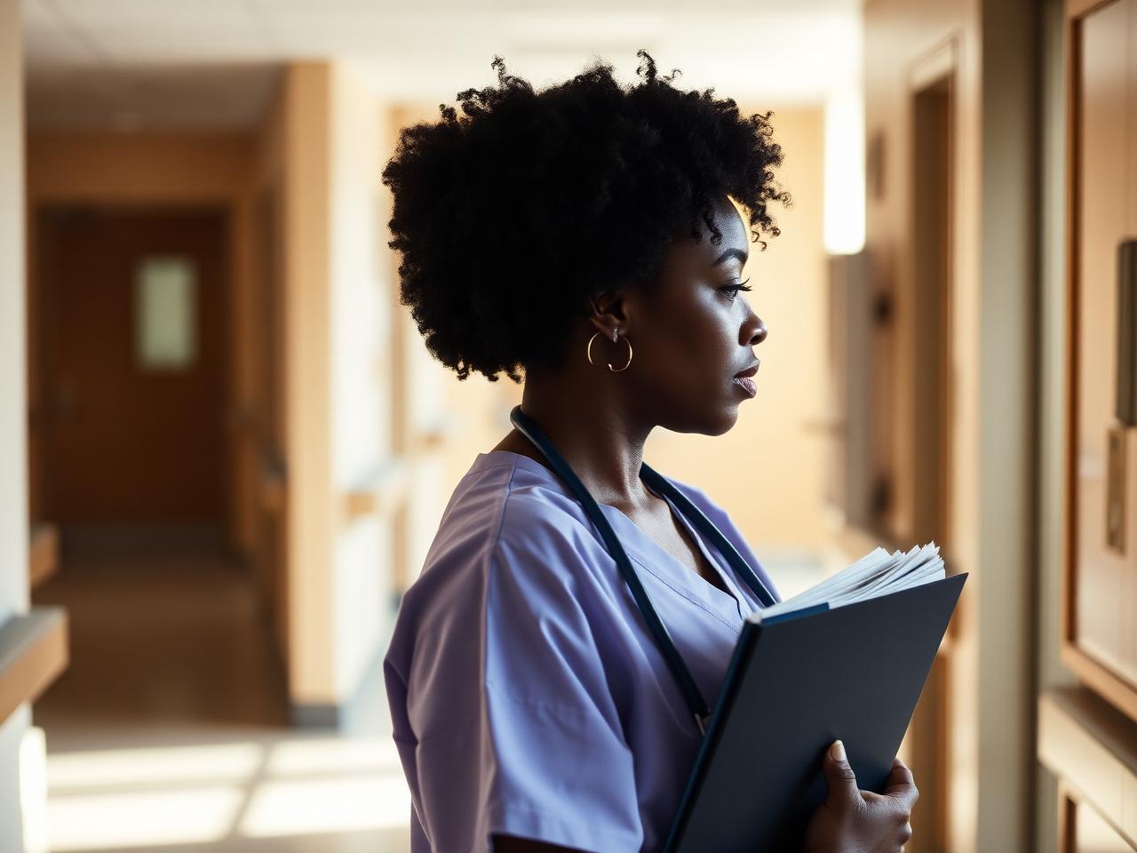 A compassionate healthcare professional pausing in a warm hospital corridor