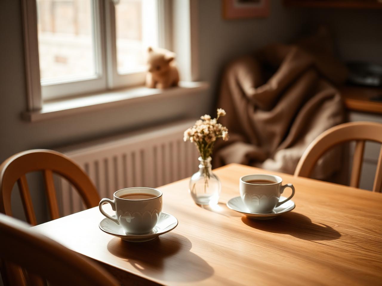 A quiet kitchen table set with two cups of tea and a small vase of flowers in soft window light